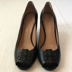 Tory Burch black wedge leather heels women’s 10